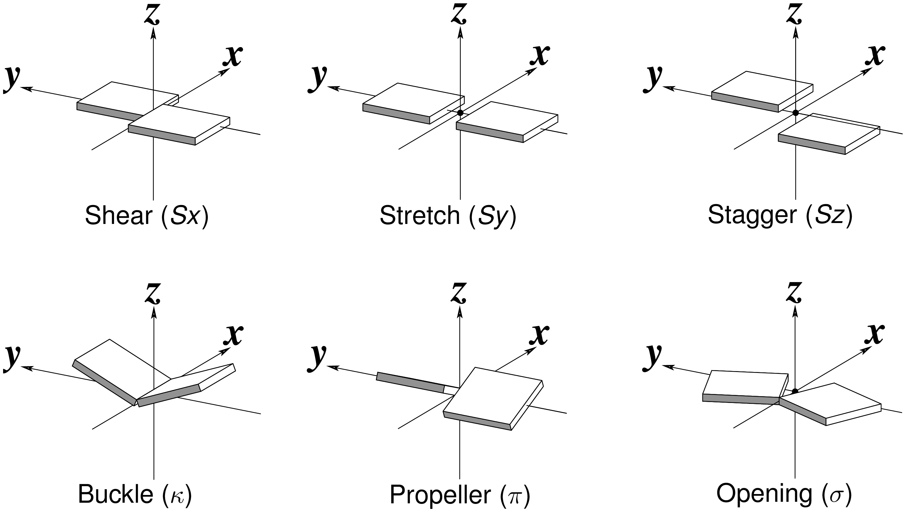 Schematic diagram of six rigid-body base-pair parameters